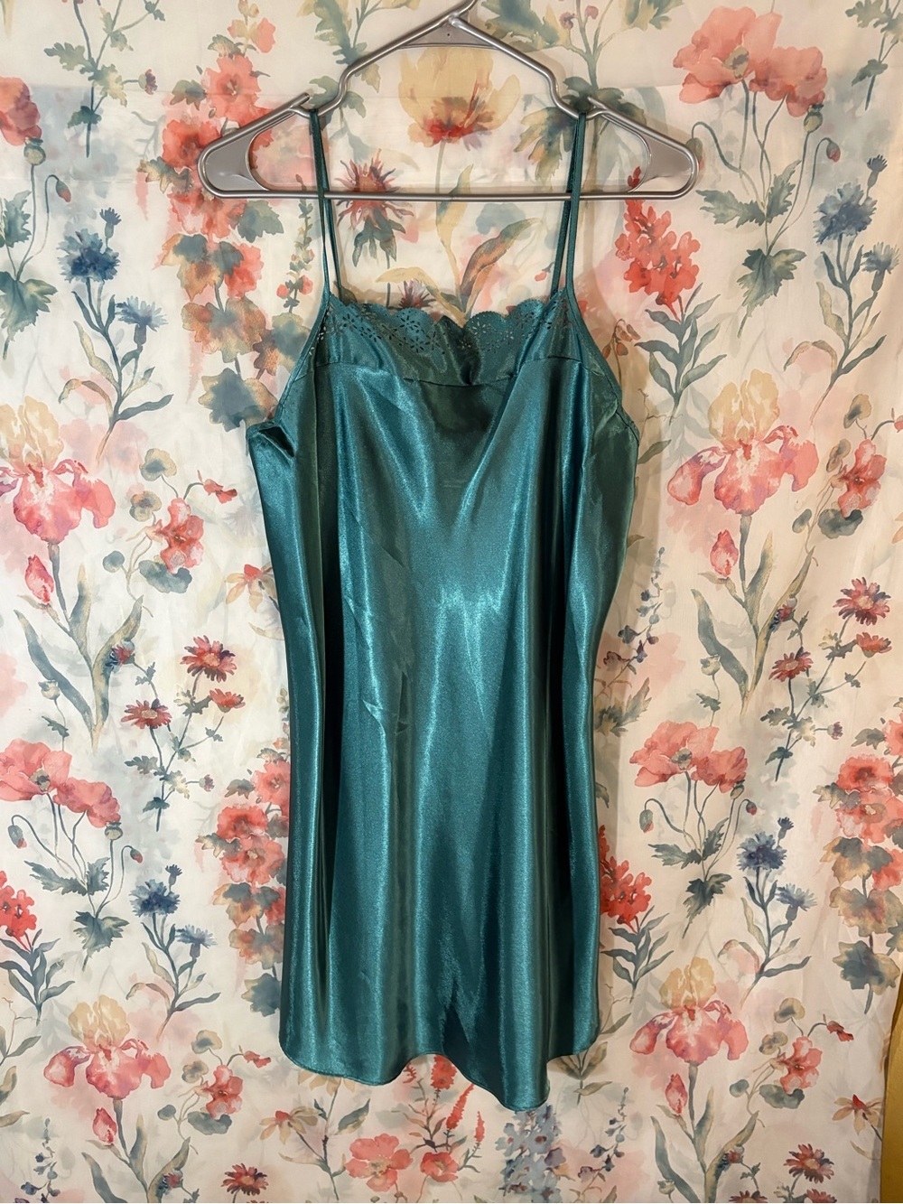 Vintage Teal Satin Slip Dress with Lace Trim